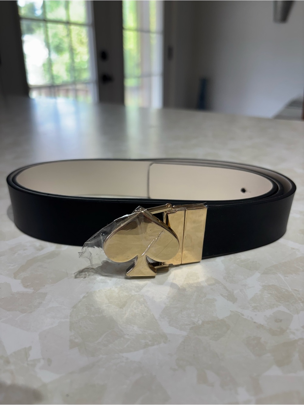 kate spade Black and Cream Reversible Belt with Gold Spade Buckle